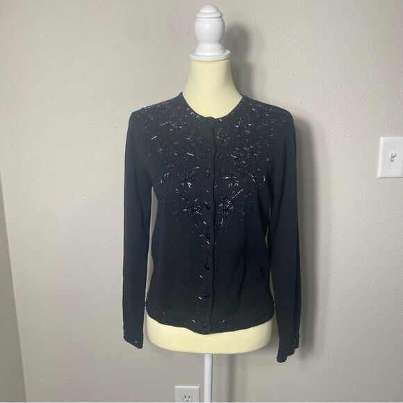 Vintage Kathie Lee Collection Black Beaded Knit Button Front Cardigan Size Small - Picture 16 of 16